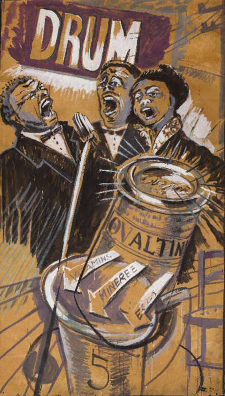 William Kentridge, Drum, partie des décors réalisés pour la pièce Sophiatown, 1989. Gouache sur papier, 298 x 173 cm. Photo : Thys Dullaart. © William Kentridge/Courtesy artiste.